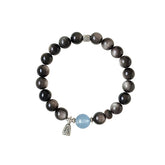 "Ruyu Qingshan" Silver Obsidian & Aquamarine Cat's Eye Bracelet | Natural Crystal Healing Bracelet